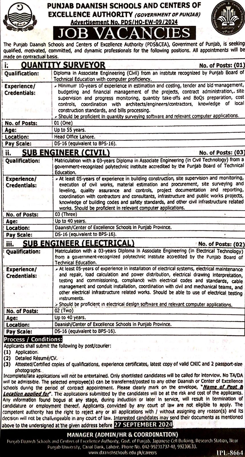 1. Quantity Surveyor  2. Sub Engineer(Civil)  3. Sub Engineer(Electrical) 